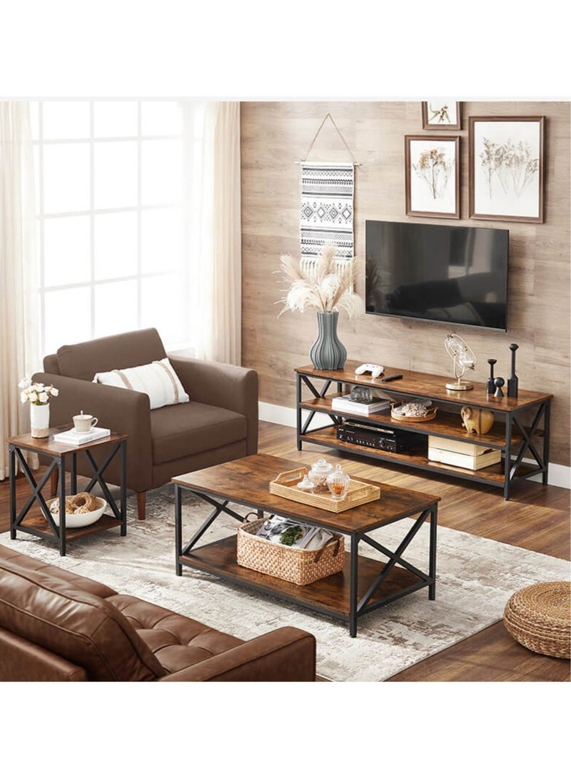 إكسبرت طاولة قهوة ، طاولة غرفة المعيشة ، مع إطار فولاذي على شكل X ورف تخزين ، 100x55x45 سم ، نمط صناعي ، بني ريفي - Image 3